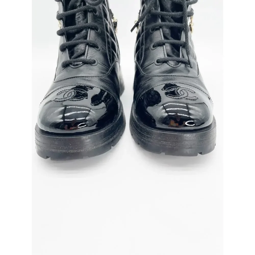 Chanel Black Quilted Patent Cap Toe Leather CC Chain Ankle Combat Boots EU 39.5